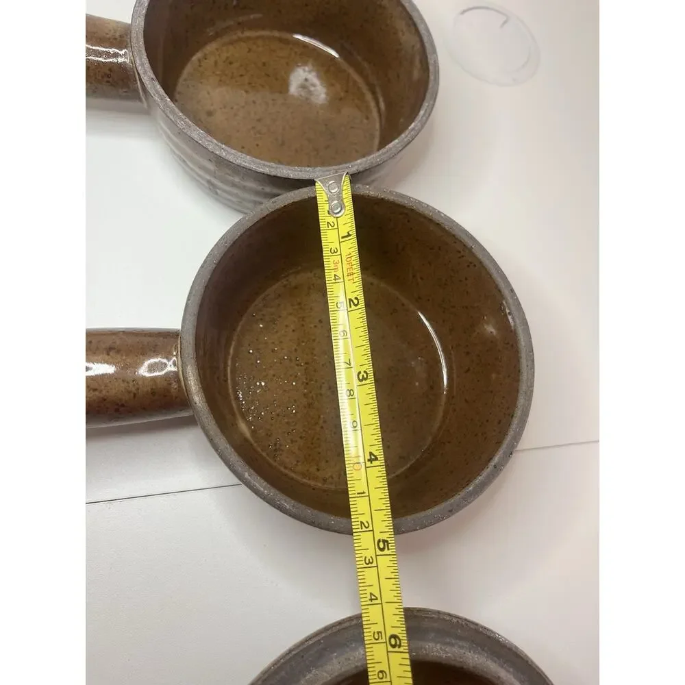 Set Of Vintage Mini Ceramic Crockpot w/ Lid Speckled Stoneware Handled Soup Bowl